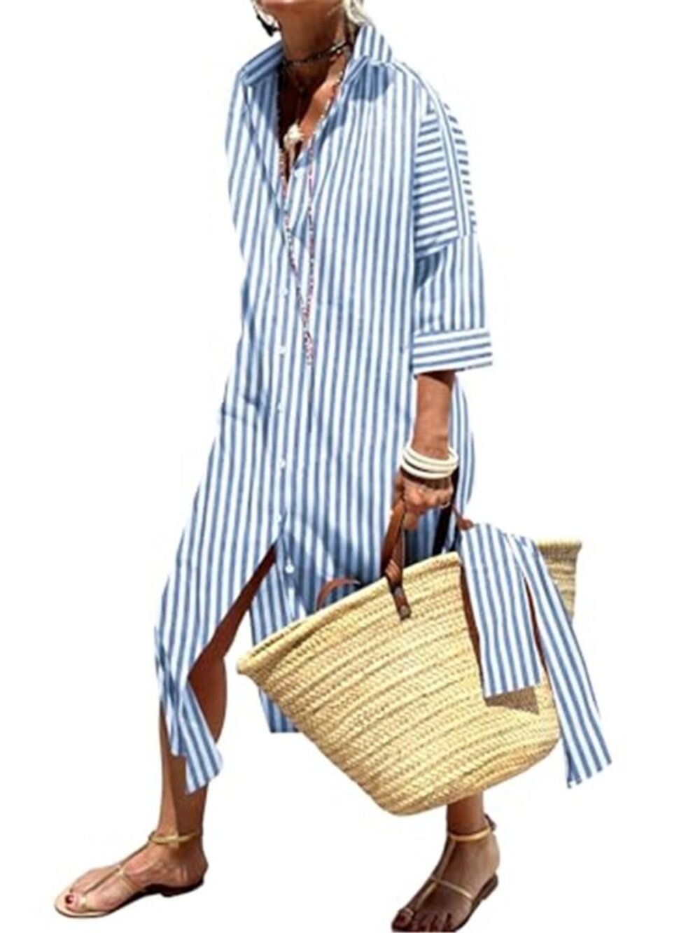 Womens Summer Dress Striped Lapel Cotton Fall Maxi Dress Split Belted